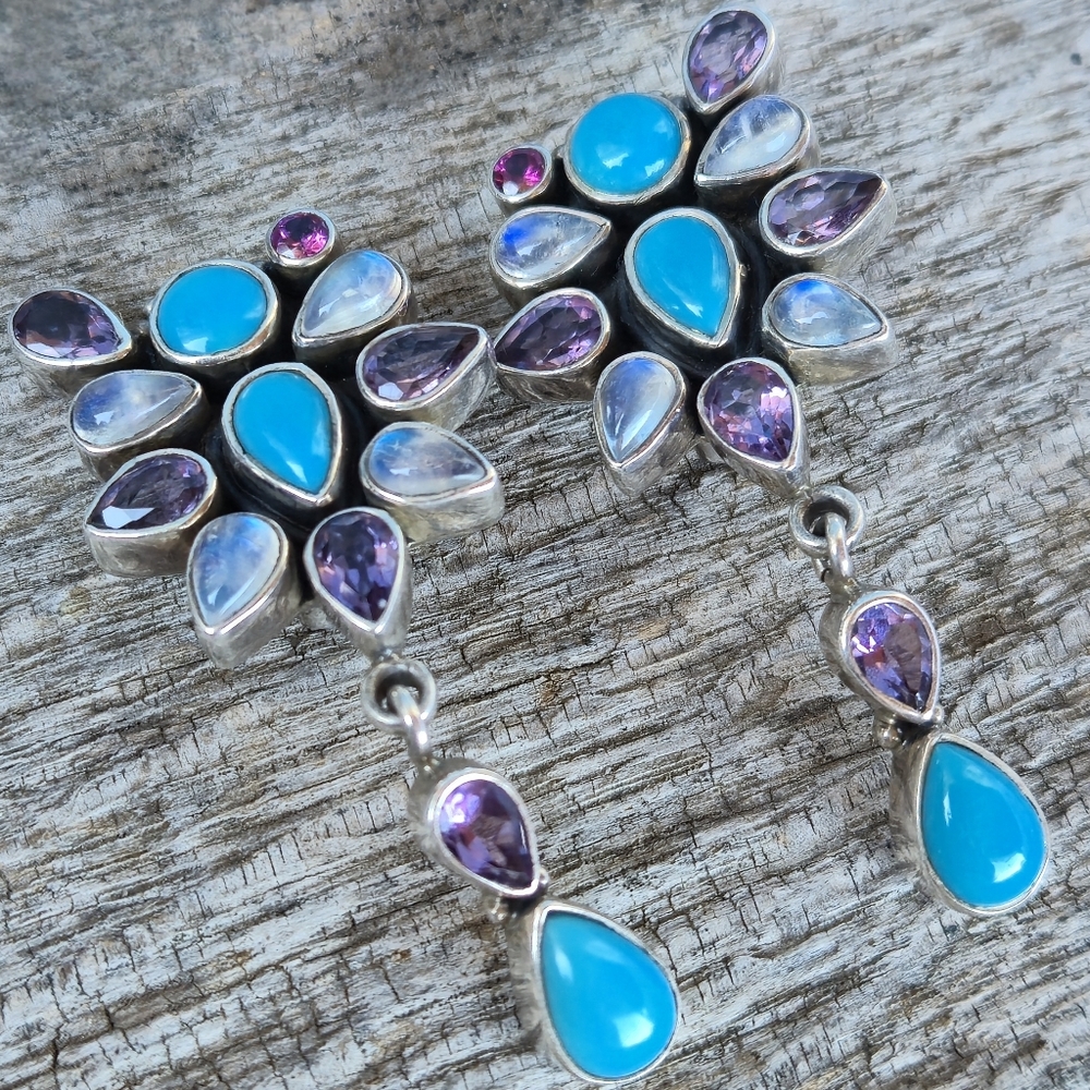 Nicky Butler 925 Sterling Silver Clip-on Turquoise Moonstone Amethyst Earrings - Picture 4 of 15